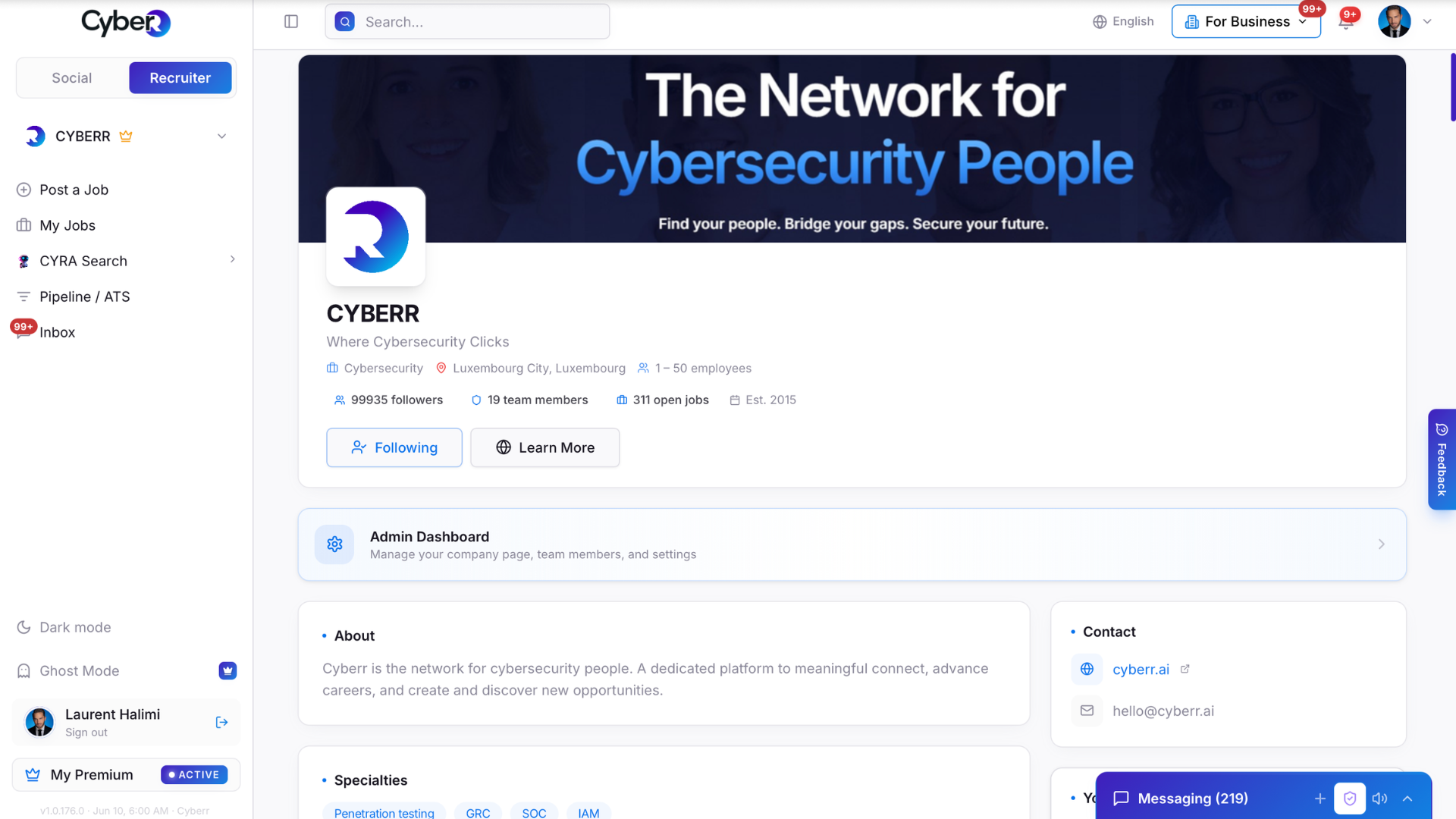 Cyberr recruiter workspace dashboard