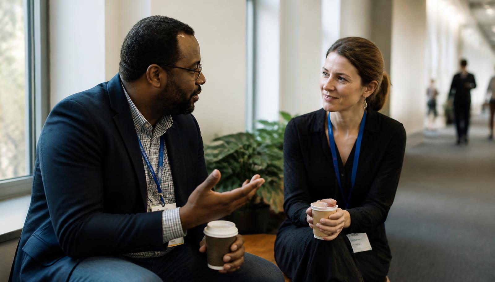 Two cybersecurity professionals with conference lanyards sitting in a daylit venue corridor, talking over coffee