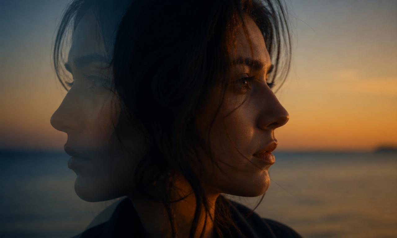 A cinematic dusk portrait of a woman in profile with a second, slightly ghosted version of her own face offset behind her — one real, one not quite right.