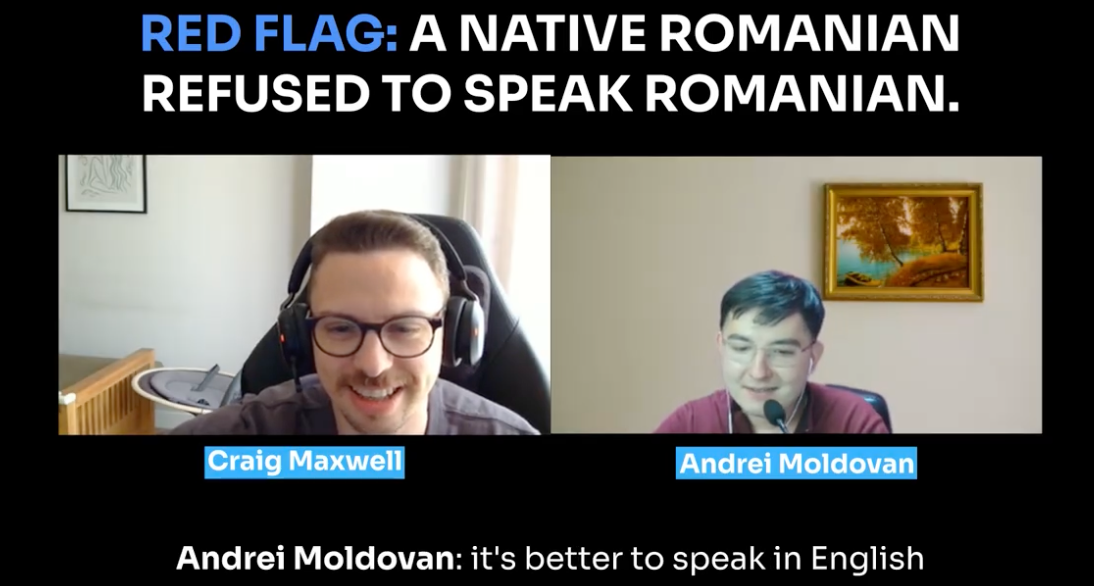Screenshot from the interview showing the candidate, who claimed to be a native Romanian, refusing to speak Romanian