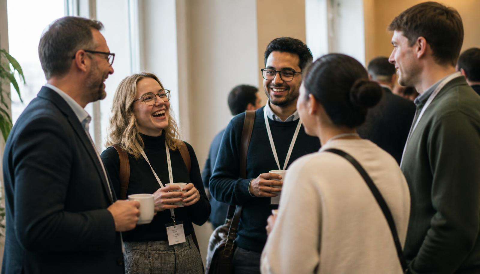 A small group of professionals with conference badges laughing and talking over coffee during a break at an industry meetup