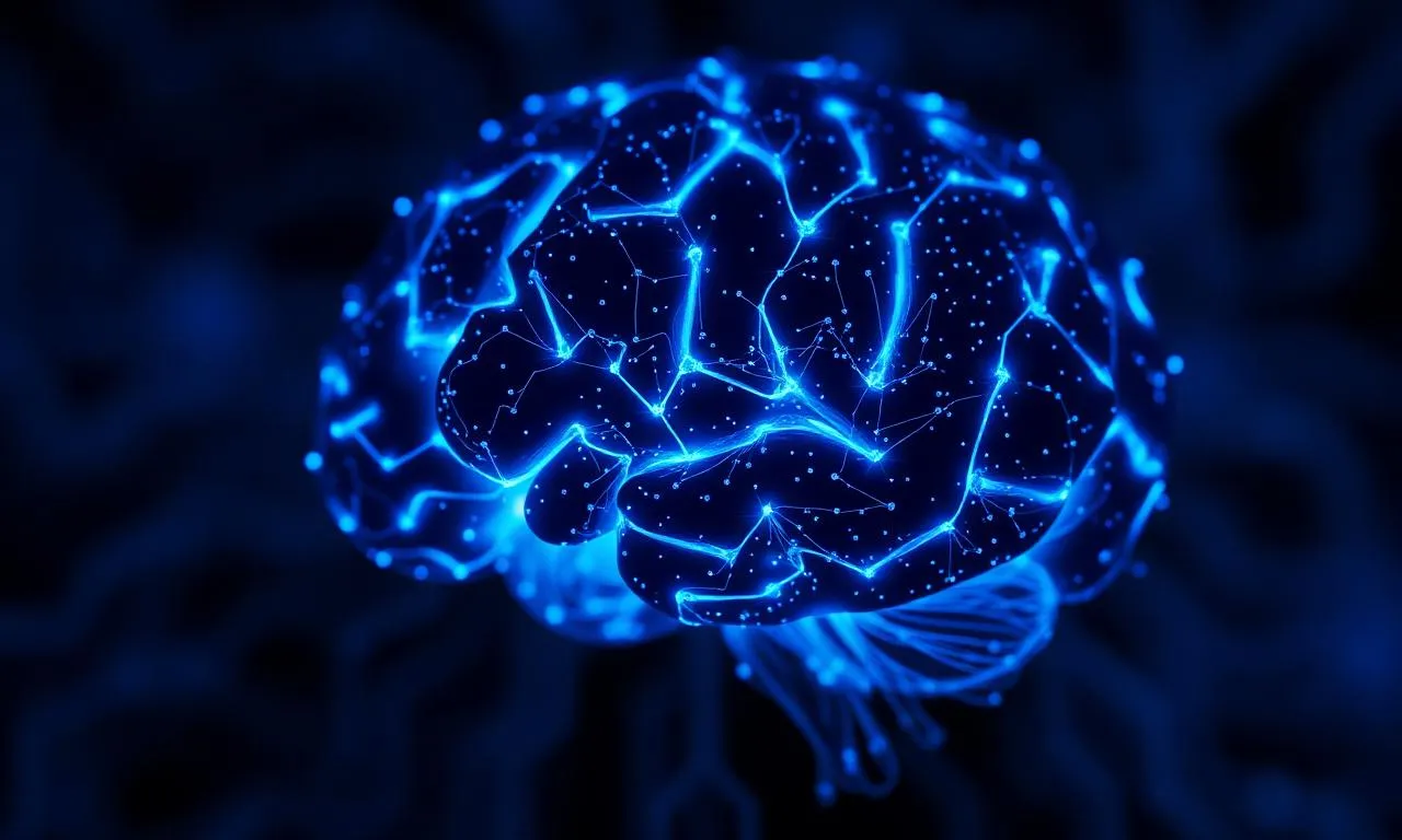 Glowing blue AI brain made of neural circuit lines on dark background