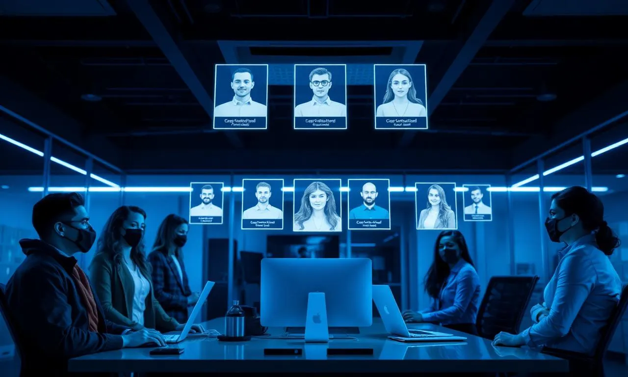 Cybersecurity professionals reviewing holographic candidate profiles in a dark blue office
