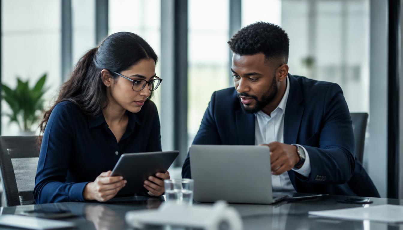 Two cybersecurity professionals reviewing work together on a laptop and tablet in a modern office