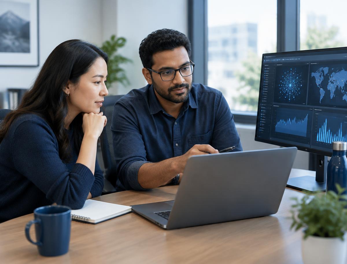 Two cybersecurity professionals reviewing an AI-related security analysis dashboard together