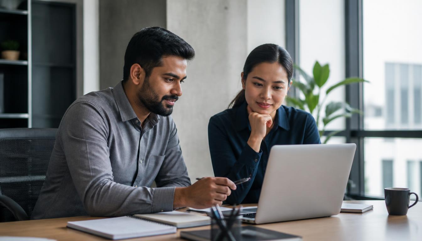 Two cybersecurity professionals working through an online course together on a laptop in a bright modern office