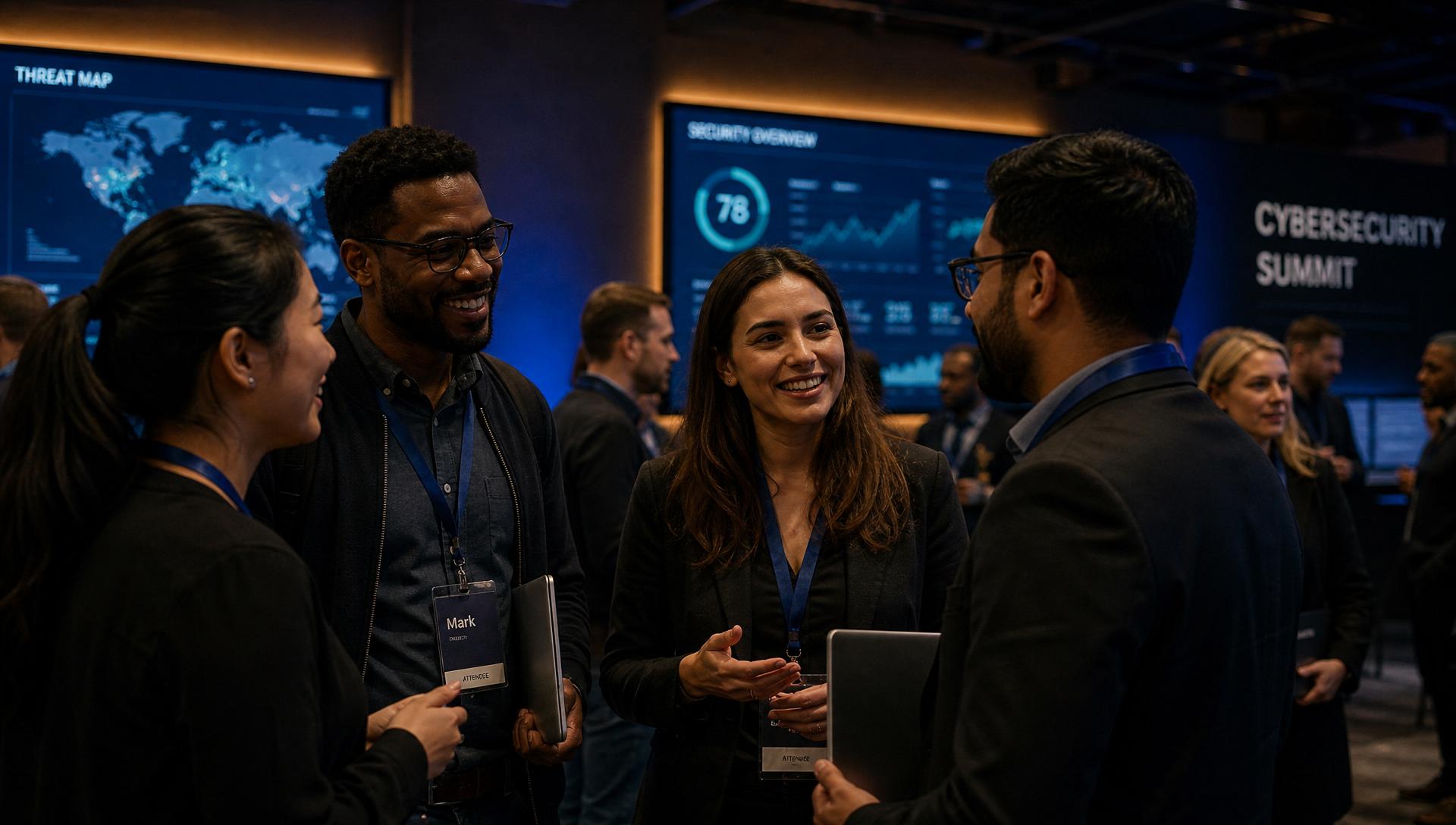 Diverse cybersecurity professionals talking and connecting at a modern tech summit, symbolising community over gatekeeping