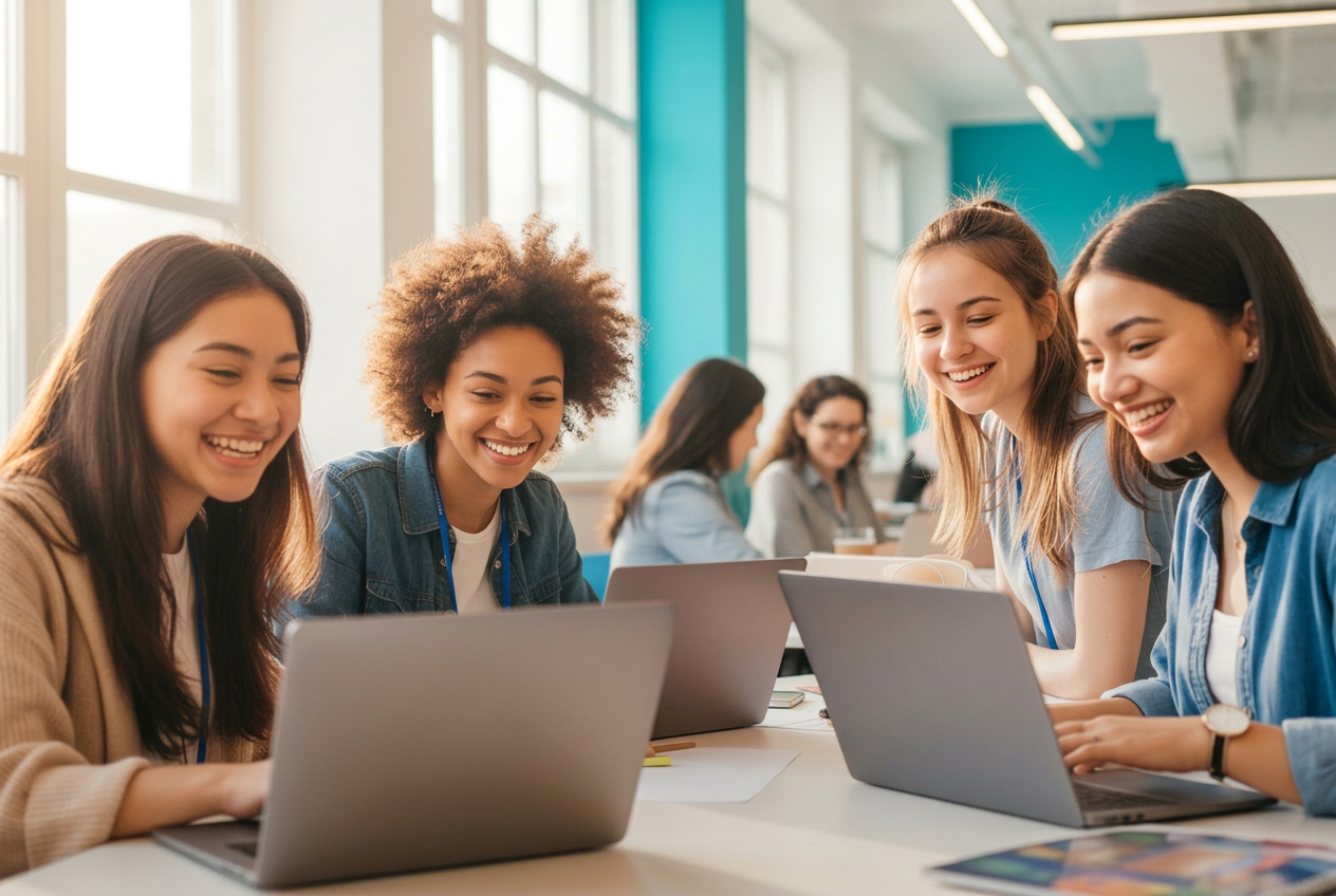 A group of young women collaborating together at a bright, welcoming tech bootcamp