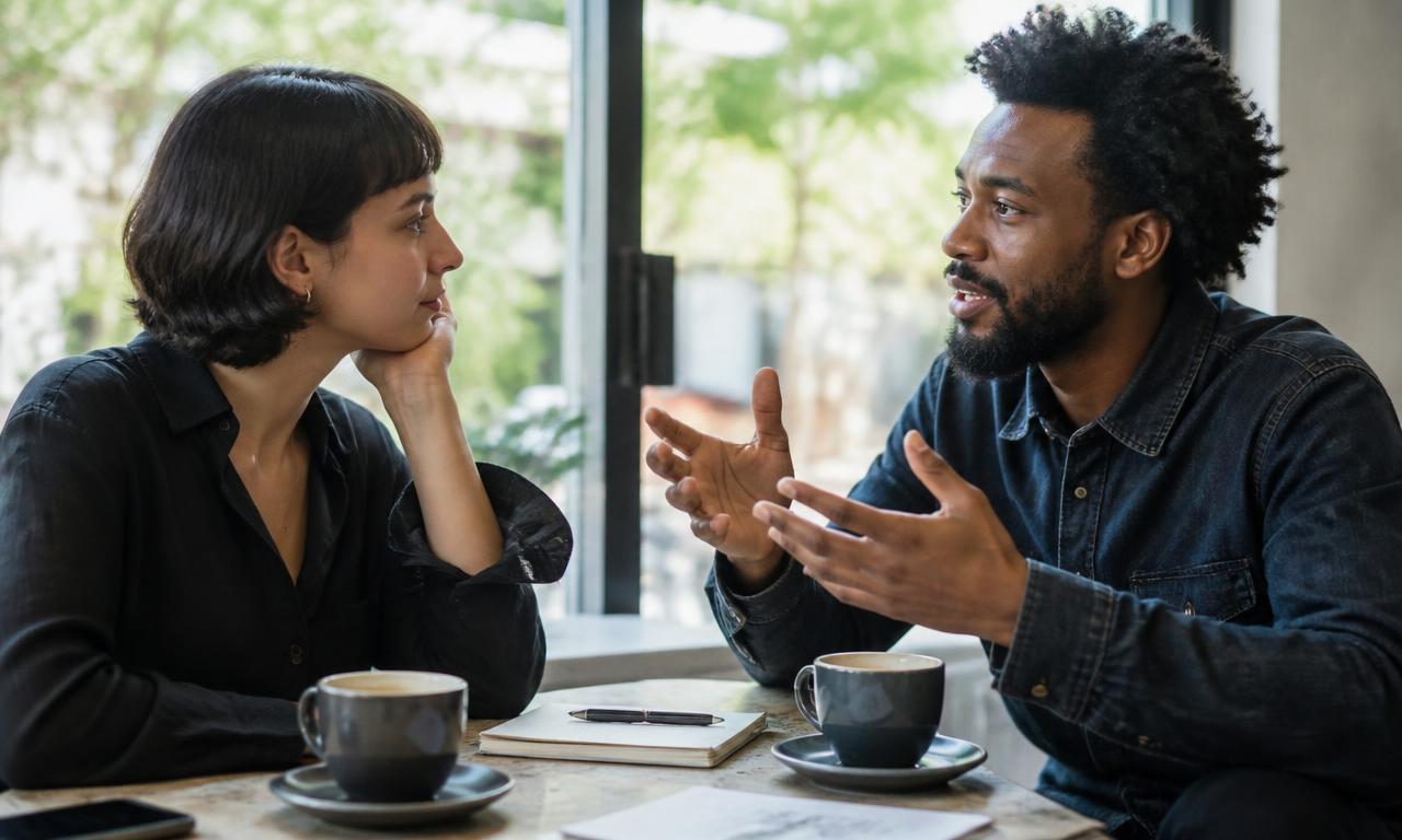 Two professionals in a one-to-one mentoring conversation over coffee at a daylit cafe table