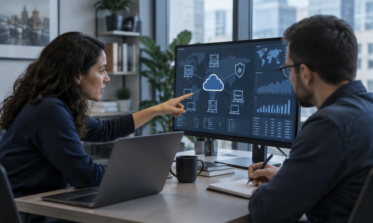 Two cybersecurity professionals at a modern office desk reviewing network and cloud diagrams on a large monitor