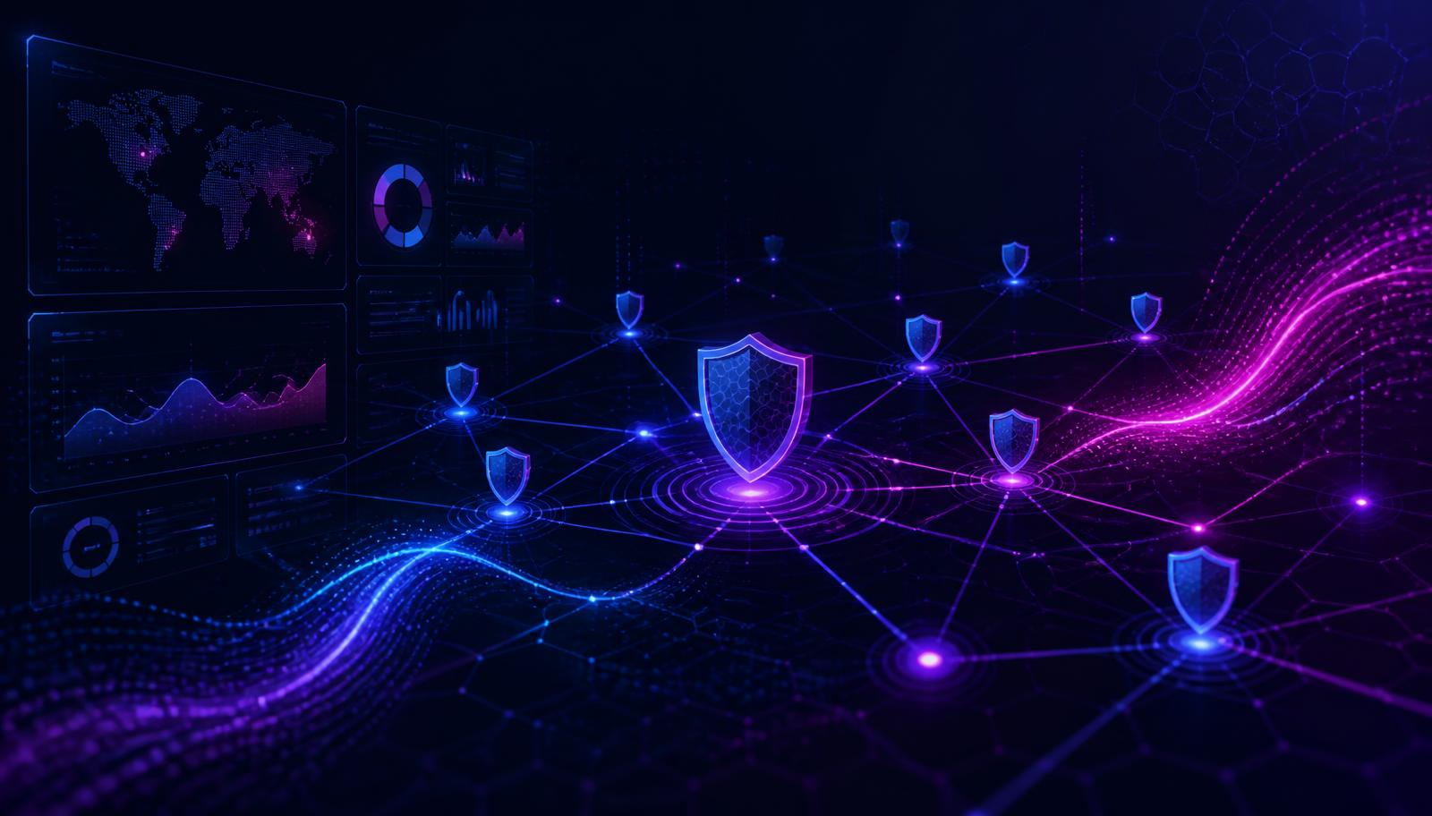 Abstract cybersecurity network of connected shield nodes and SOC monitoring dashboards in deep blue, violet and magenta tones