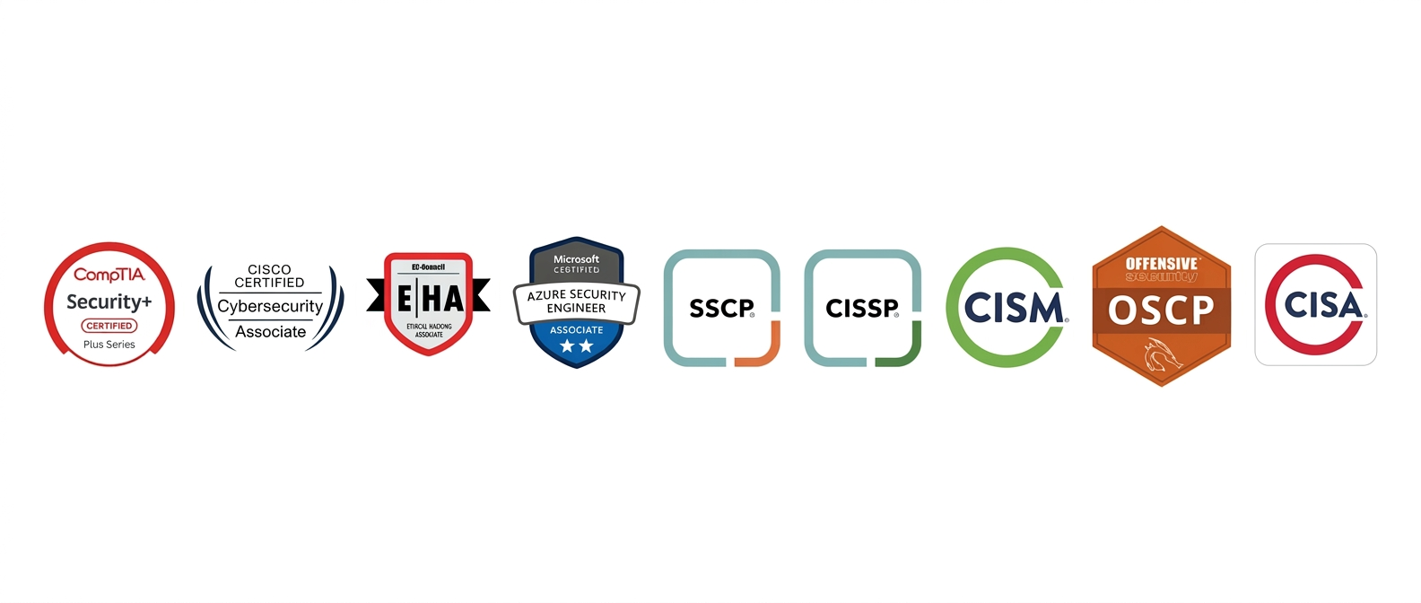 Supported cybersecurity certifications including CompTIA Security+, CISSP, CISM, CISA, OSCP, CCSP, SSCP, Microsoft Azure Security Engineer, Cisco Cybersecurity Associate and EC-Council EHA