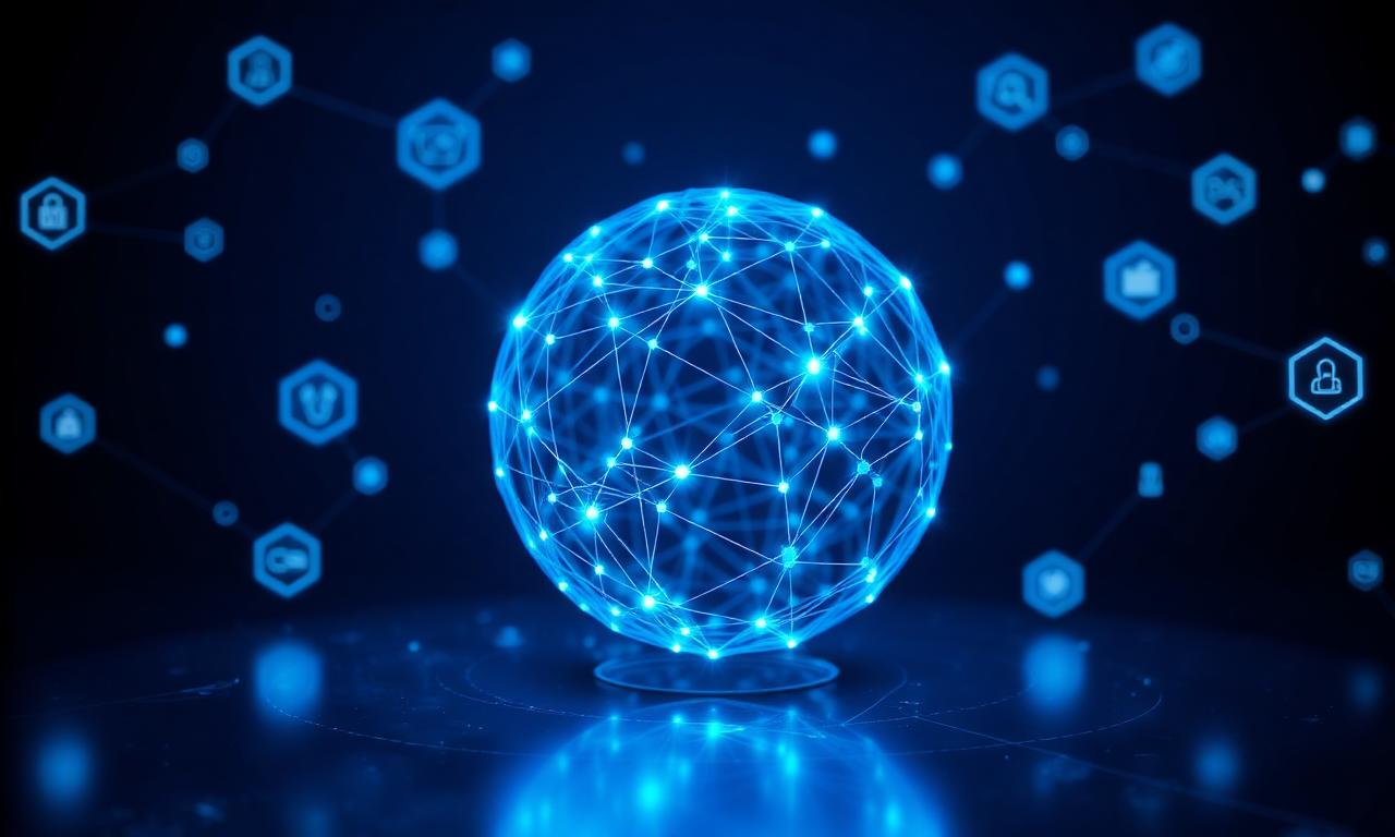 Glowing 360 degree network sphere surrounded by cybersecurity icons