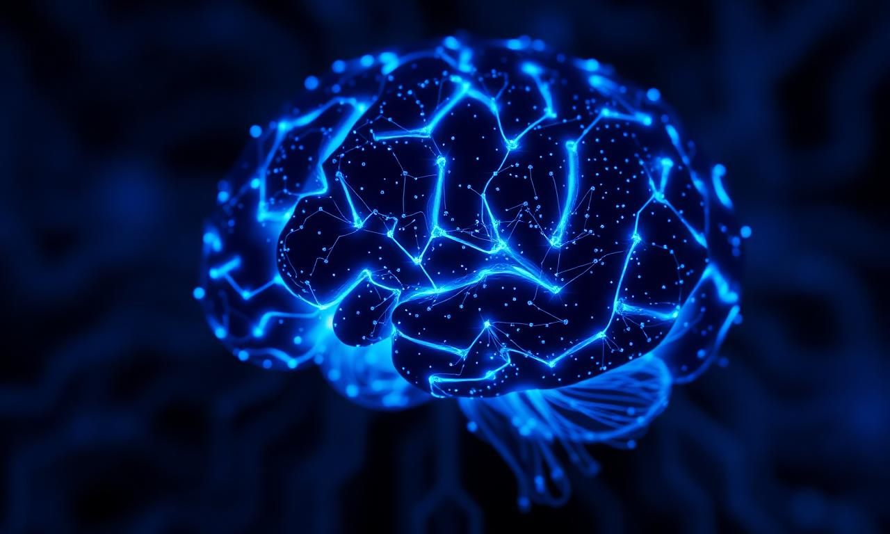 Glowing blue AI brain made of neural circuit lines on dark background