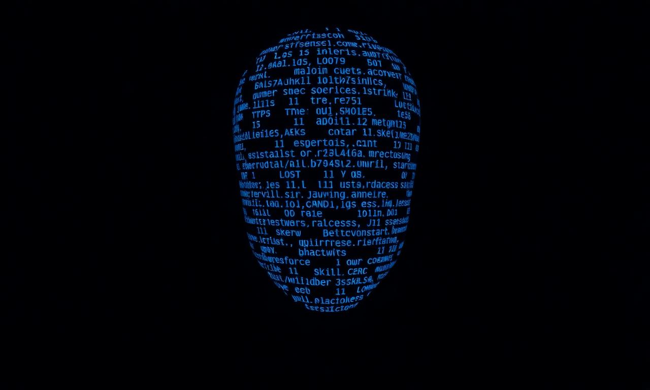 Anonymous human silhouette made of glowing blue skill tags and code