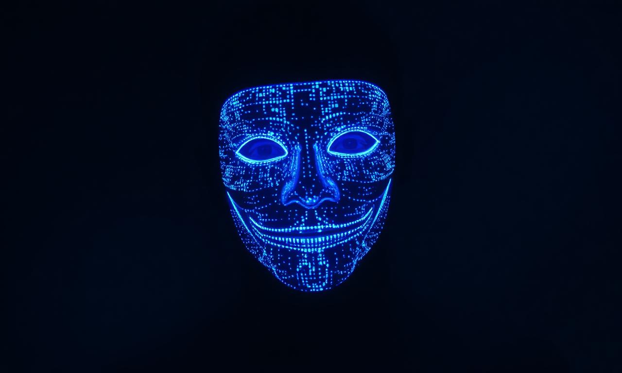 Person wearing a glowing blue digital mask of light particles