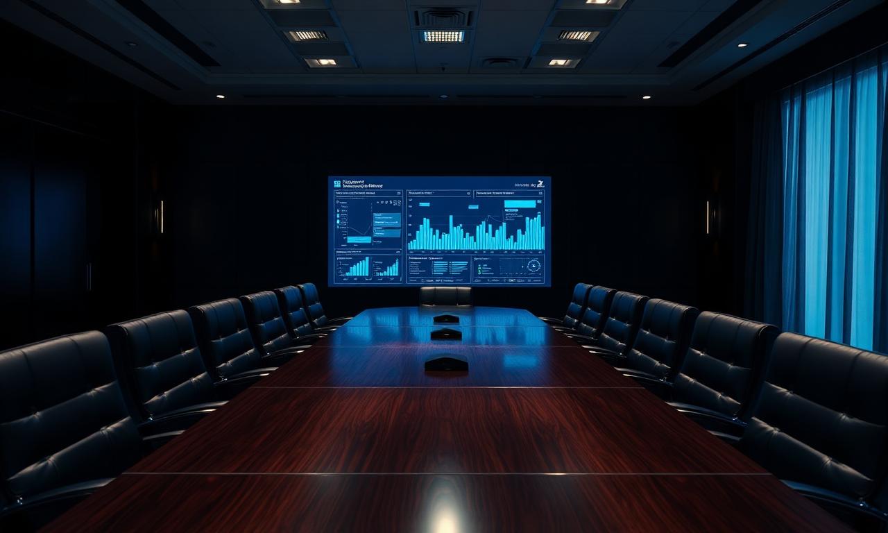 Empty executive boardroom at night with cybersecurity dashboard projected on the wall