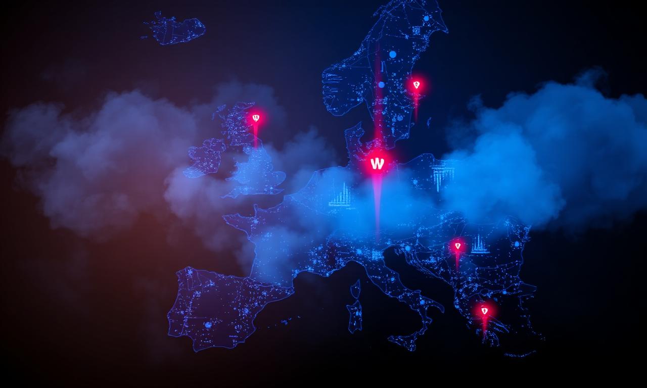 Glowing blue digital clouds over a European map silhouette with red threat indicators