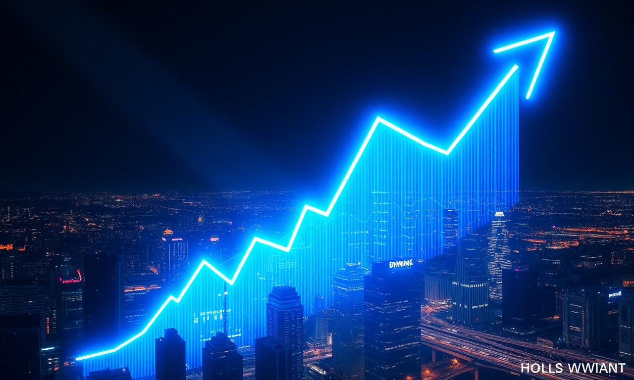 Glowing blue upward chart rising over a dark city skyline at night