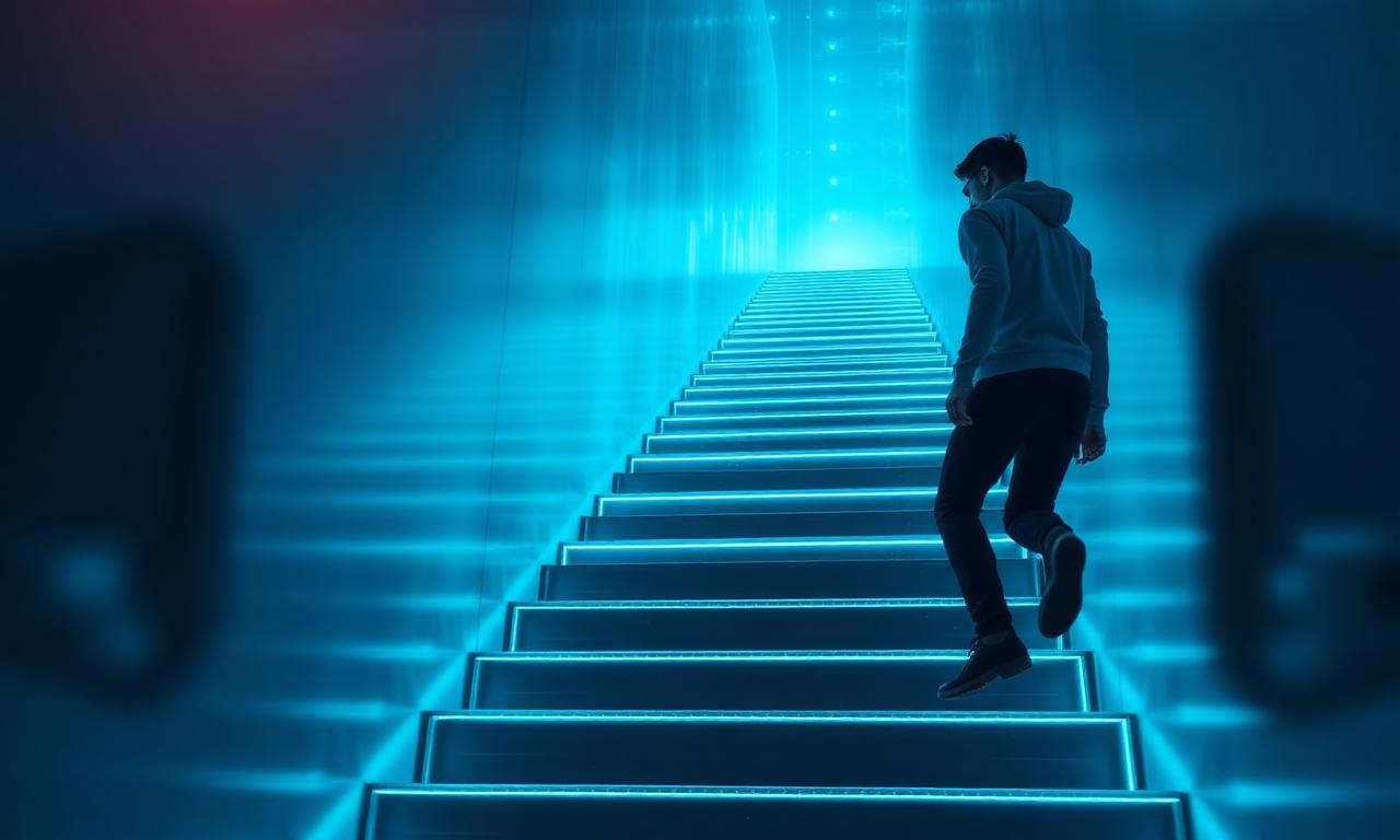 Person climbing a glowing staircase made of light into a futuristic cyber sky