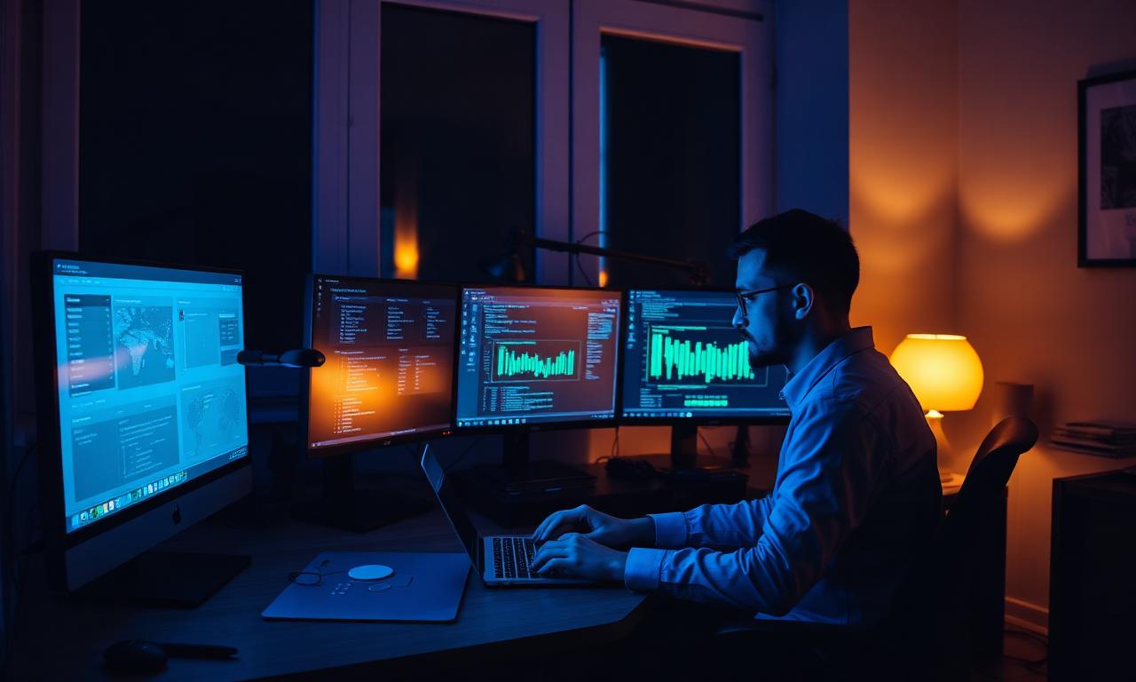 Freelance cybersecurity consultant working from a home office at night