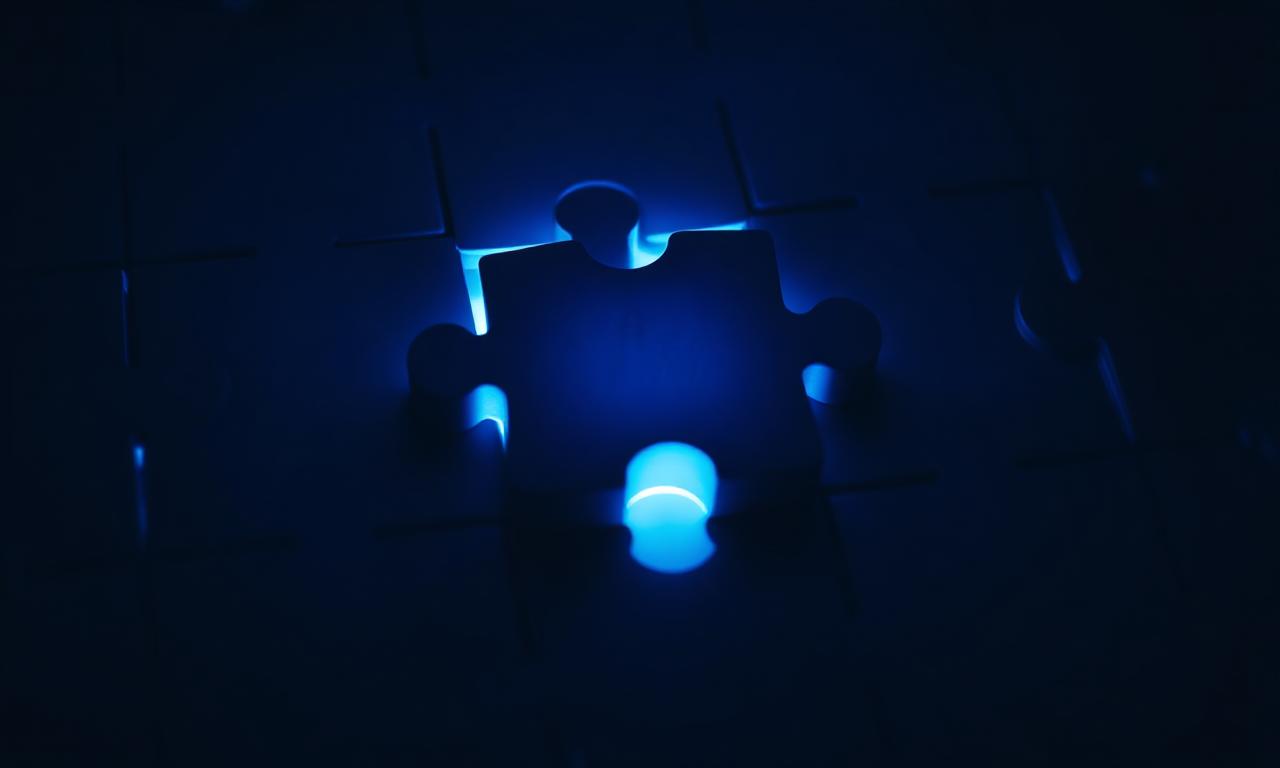 Glowing blue puzzle piece fitting into a dark puzzle, close-up