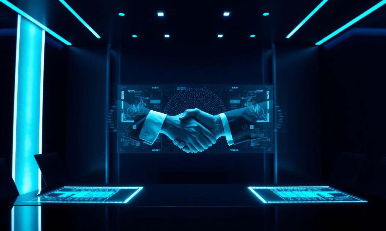 Handshake projected on a glowing holographic interface in a dark high-tech boardroom