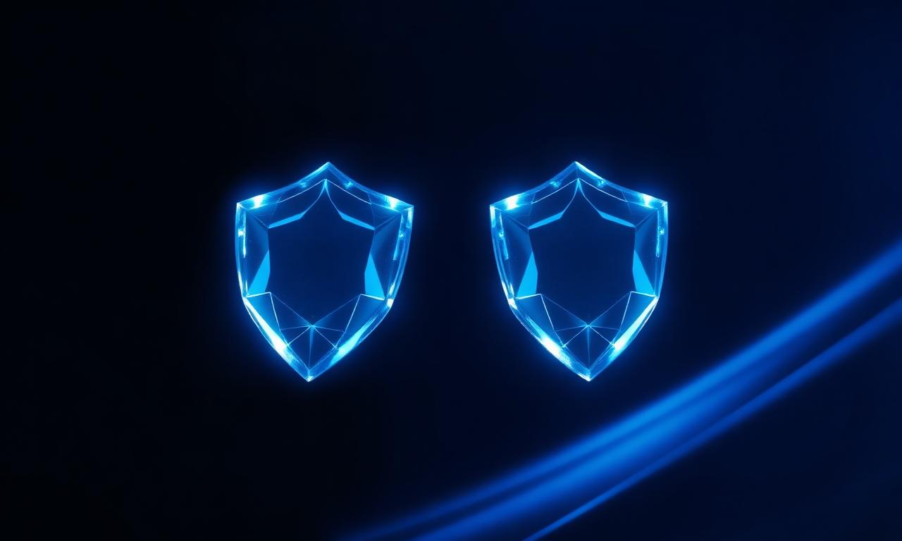Two glowing crystal shields interlocking on a dark background