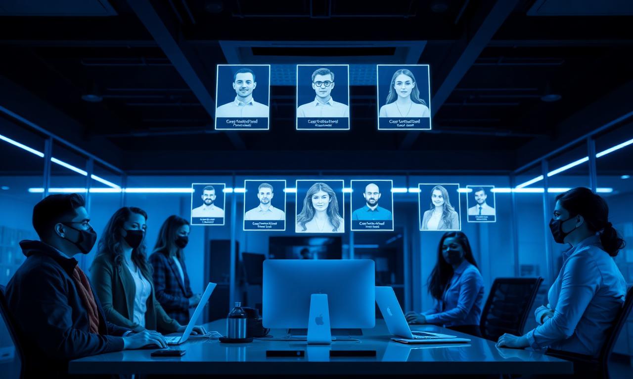 Cybersecurity professionals reviewing holographic candidate profiles in a dark blue office