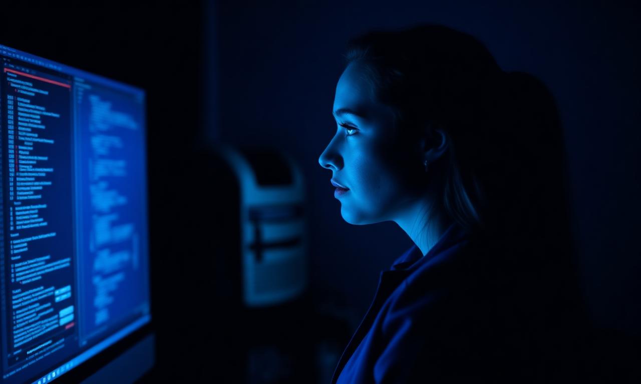 Female cybersecurity professional in profile lit by a glowing blue screen