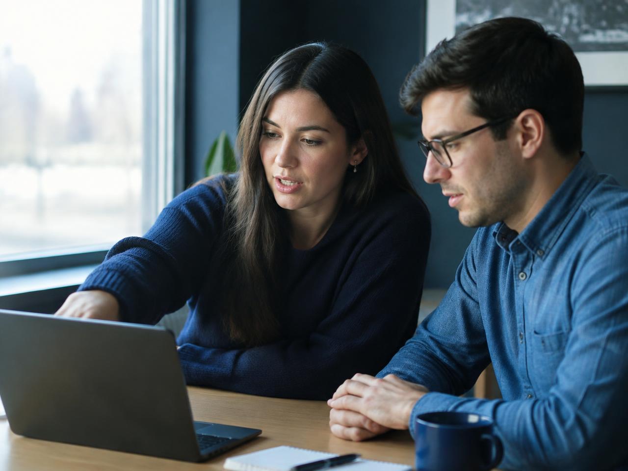Two professionals collaborating over a laptop in a modern workspace