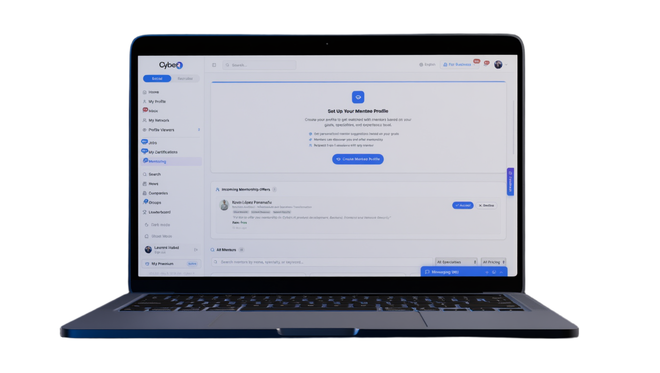 Cyberr mentoring dashboard shown on a laptop