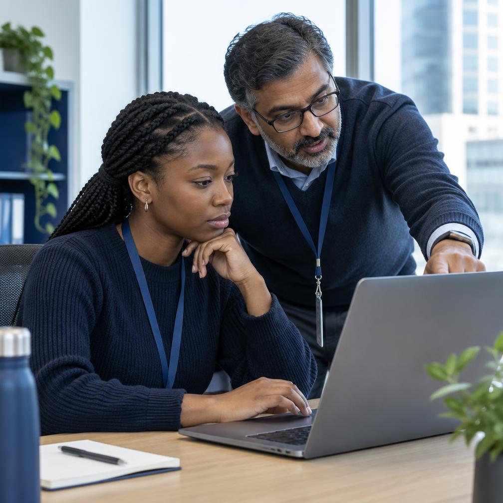 A junior analyst working through a technical problem on a laptop with a more experienced colleague explaining alongside her