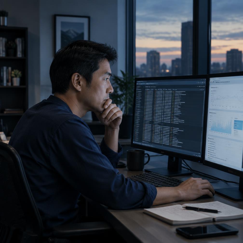An experienced security practitioner reviewing technical data across two monitors