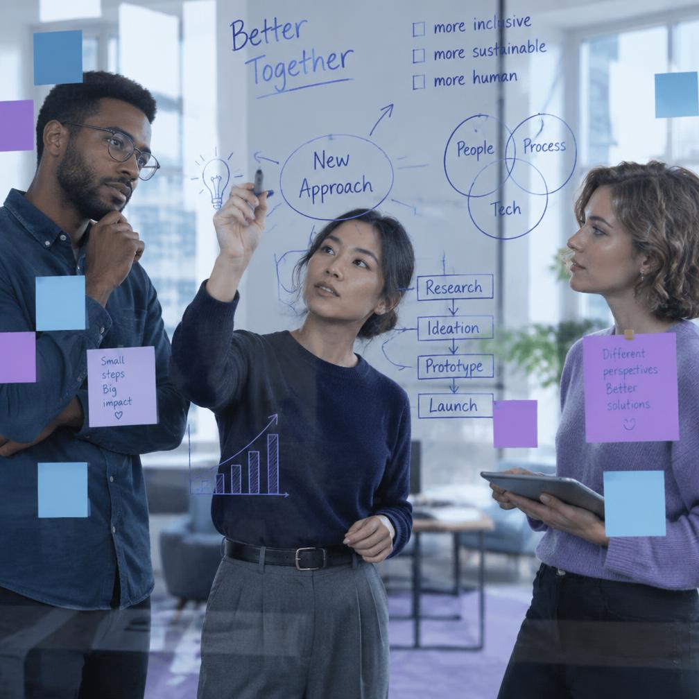 Three colleagues mapping out a new approach together on a glass wall