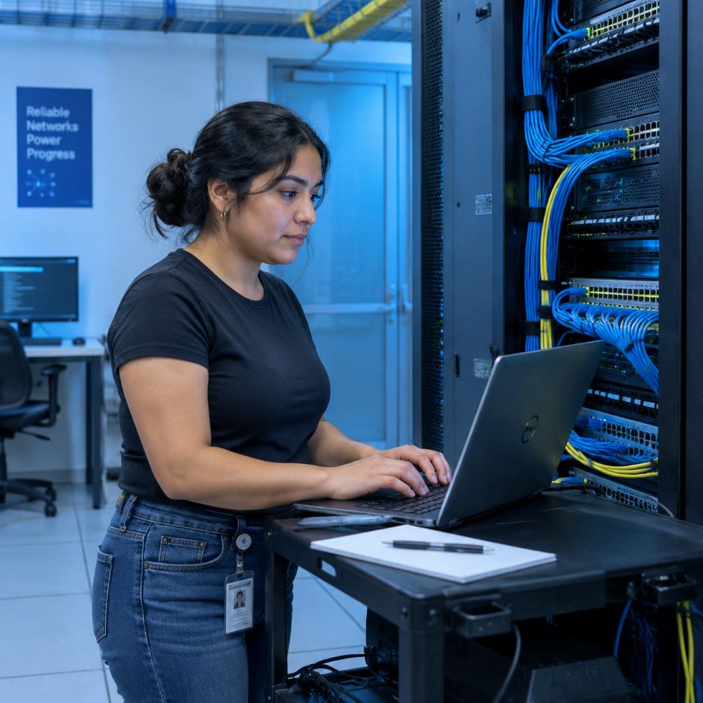 An engineer with a laptop working beside network and server equipment