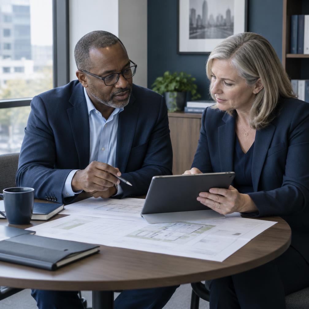 Two senior professionals reviewing plans and a tablet in discussion