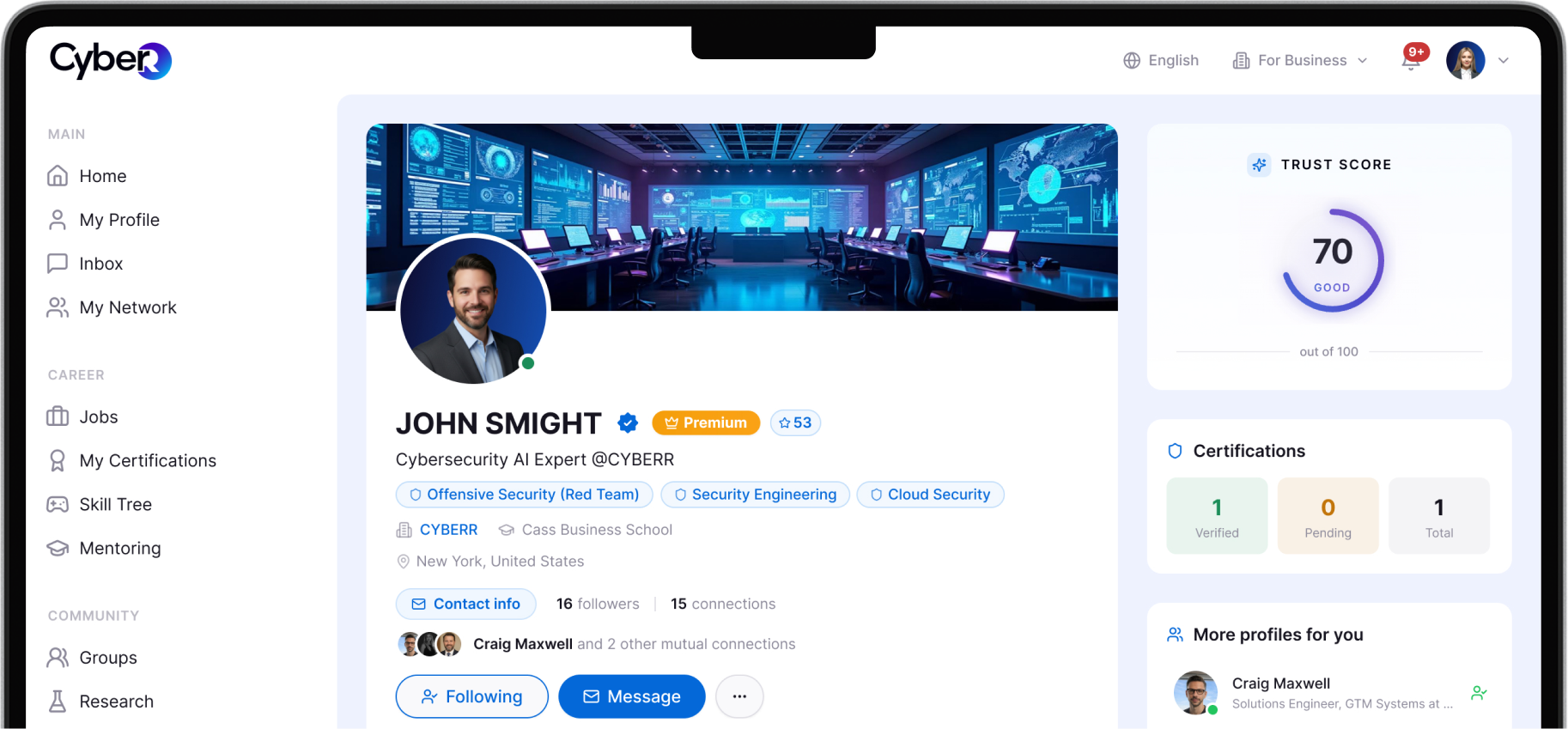 Verified cybersecurity professional profile on Cyberr